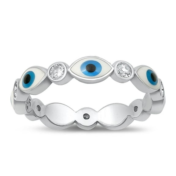 Clear Cubic Zirconia Evil Eye Eternity Ring .925 Sterling Silver Band White Jewelry Female Size 5