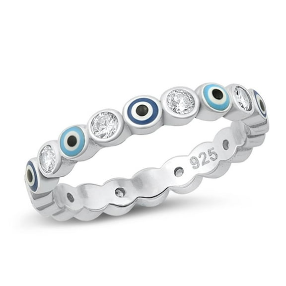 Clear Cubic Zirconia Evil Eye Eternity Ring .925 Sterling Silver Band White Jewelry Female Size 7