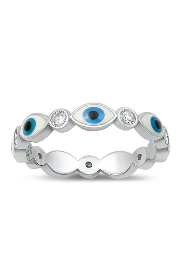 Clear Cubic Zirconia Evil Eye Eternity Ring .925 Sterling Silver Band White Jewelry Female Size 9