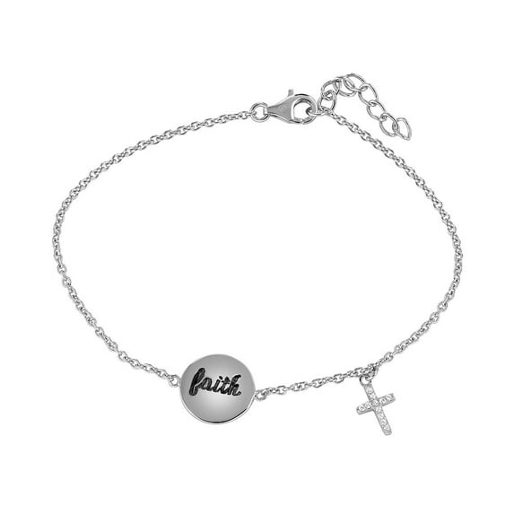 Clear Cubic Zirconia Faith and Cross Bracelet Rhodium Plated Sterling Silver