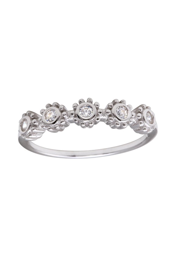 Clear Cubic Zirconia Five Flowers Ring Rhodium Plated Sterling Silver Size 5
