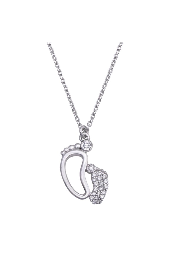 Clear Cubic Zirconia Foot Prints Necklace Rhodium Plated Sterling Silver