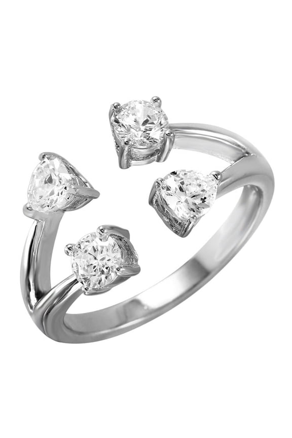 Clear Cubic Zirconia Four Ends Open Ring Rhodium Plated Sterling Silver Size 8