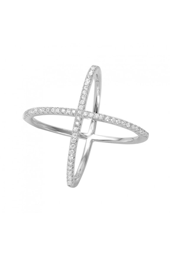 Clear Cubic Zirconia Four Way X Ring Rhodium Plated Sterling Silver Size 5