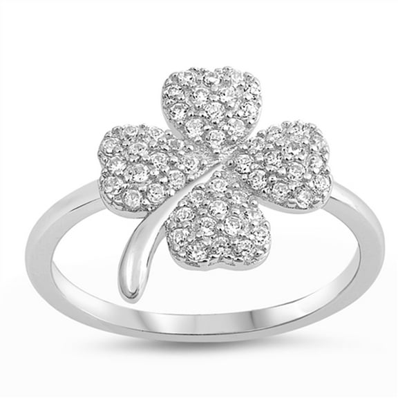 Clear Cubic Zirconia Good Luck Clover Irish Heart Ring .925 Sterling Silver Band White Female Size 9