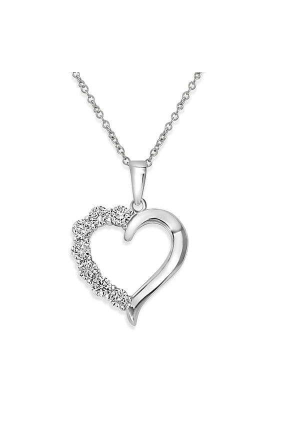 Clear Cubic Zirconia Half Iced Heart Necklace Rhodium Plated Sterling Silver