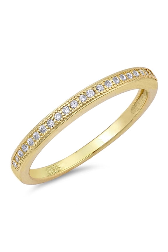 Clear Cubic Zirconia Half Way Stackable Band Ring Yellow Gold-Tone Plated Sterling Silver