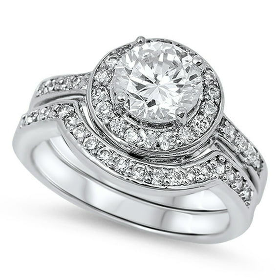 Clear Cubic Zirconia Halo Elegant Ring Set .925 Sterling Silver Band White Jewelry Female Size 7