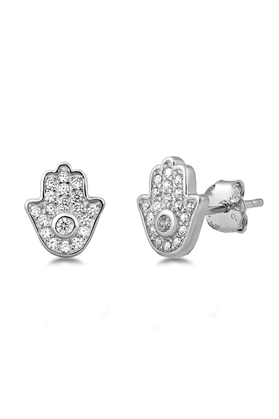 Clear Cubic Zirconia Hamsa Stud Earrings Sterling Silver