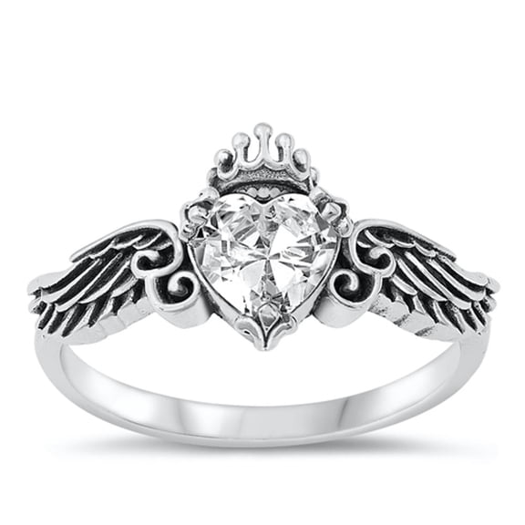 Clear Cubic Zirconia Heart Angel Wings Ring 925 Sterling Silver Band White Jewelry Female Size 7
