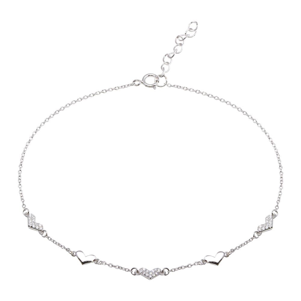 Clear Cubic Zirconia Heart Anklet Rhodium Plated Sterling Silver