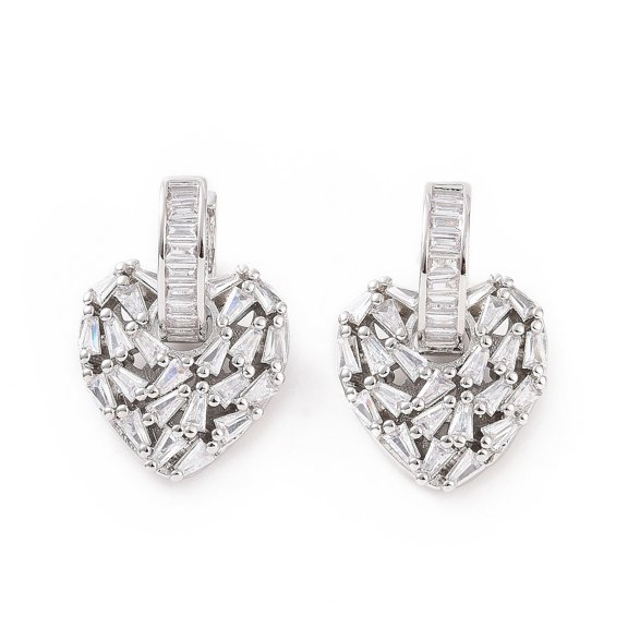 Clear Cubic Zirconia Heart Dangle Hoop Earrings Brass Jewelry for Women Platinum 27.5mm Pin: 1mm