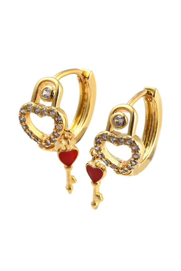 Clear Cubic Zirconia Heart Pad Lock Hinged Hoop Earrings with Enamel Key Drop for Women Cadmium Free Nickel Free Lead Free Real 18K golden Plated Red 19x10x14mm Pin: 0.7mm