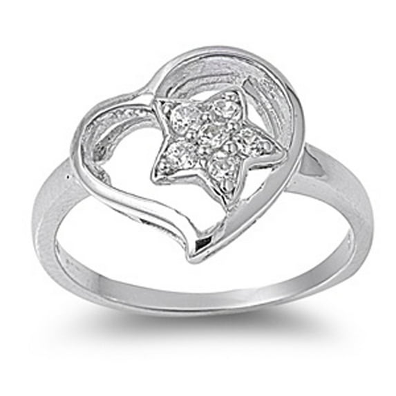 Clear Cubic Zirconia Heart Star Cutout Ring .925 Sterling Silver Band White Jewelry Female Size 10