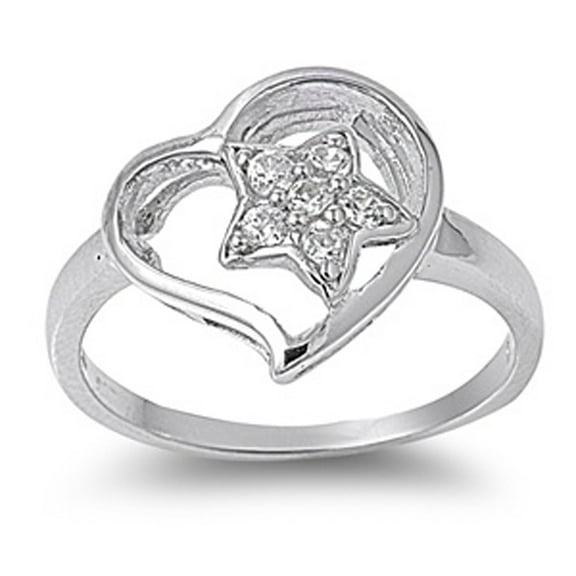 Clear Cubic Zirconia Heart Star Cutout Ring .925 Sterling Silver Band White Jewelry Female Size 6