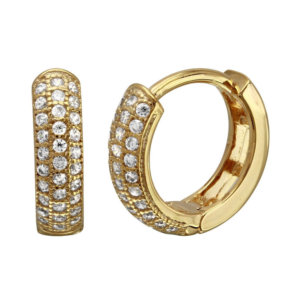 ALL IN STOCK Clear Cubic Zirconia Huggie Earrings Gold-Tone Plated Sterling Silver
