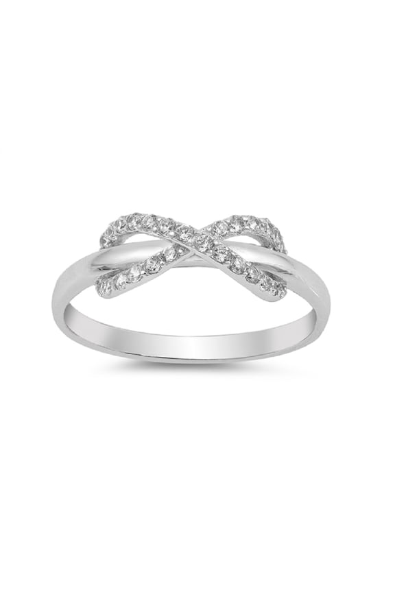 Clear Cubic Zirconia Infinity Design Plain Band Ring Sterling Silver
