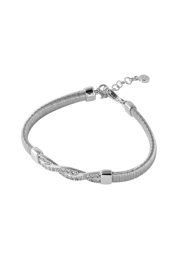 Clear Cubic Zirconia Inlay Accent Twisted Italian Bracelet Rhodium Plated Sterling Silver