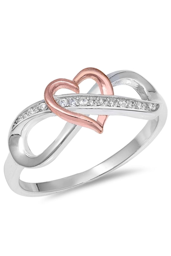Clear Cubic Zirconia Intertwined Two Tone Infinity Heart Ring Sterling Silver