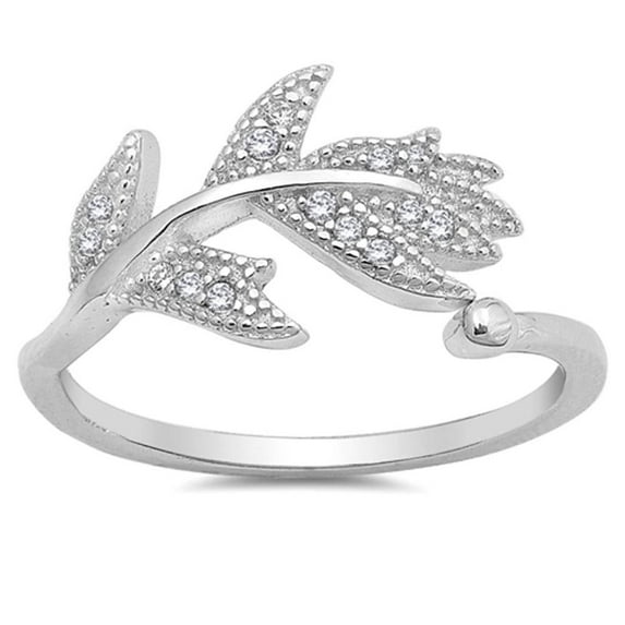 Clear Cubic Zirconia Leaf Ring .925 Sterling Silver Band White Jewelry Female Male Unisex Size 5