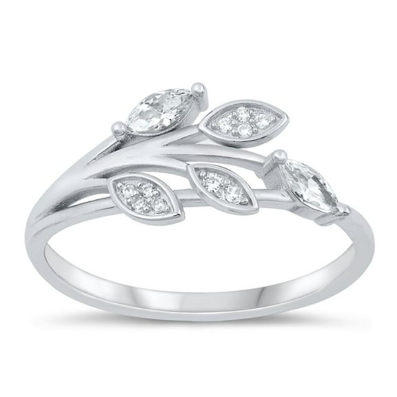 Clear Cubic Zirconia Leaves Ring .925 Sterling Silver Band White Jewelry Female Male Unisex Size 7