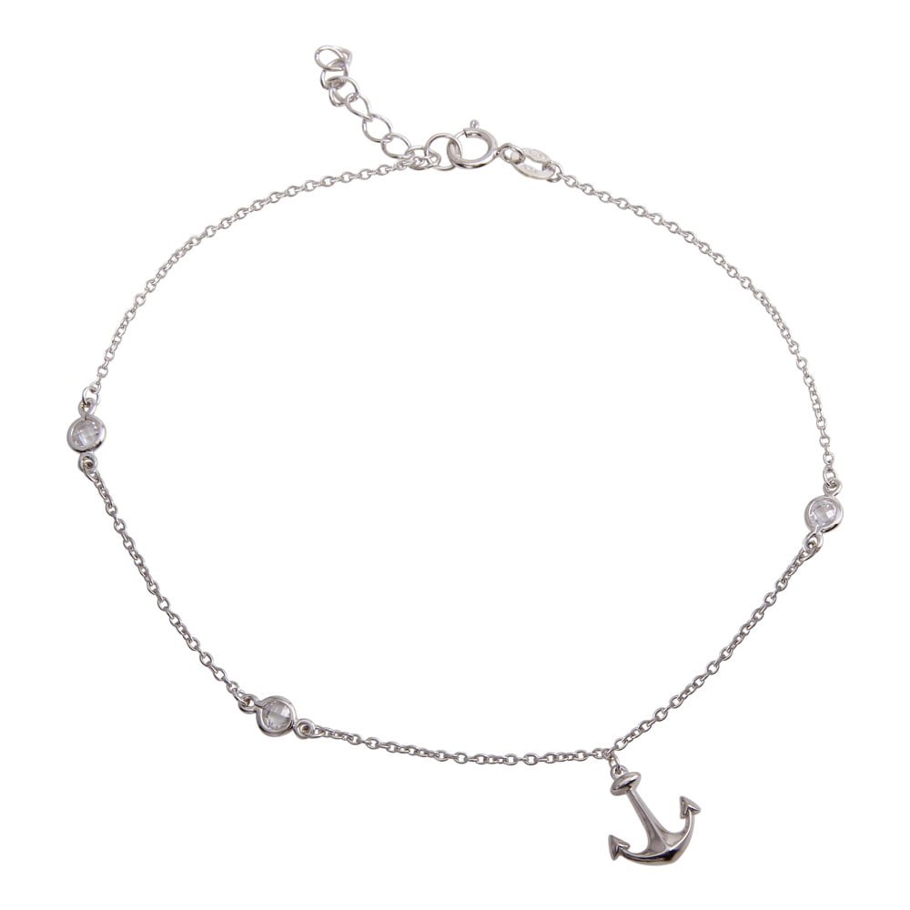 Clear Cubic Zirconia Link Anchor Anklet Rhodium Plated Sterling Silver