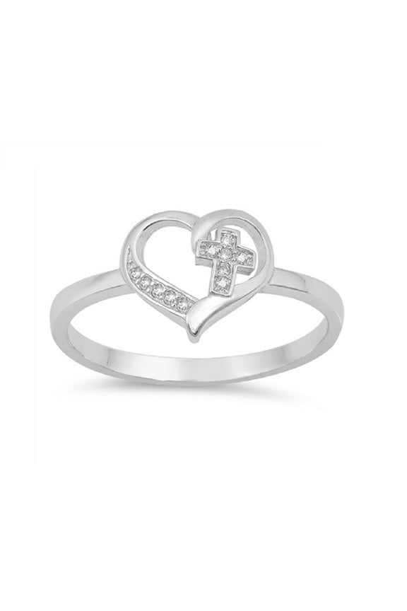 Clear Cubic Zirconia Little Cross In Heart Ring Sterling Silver Size 5