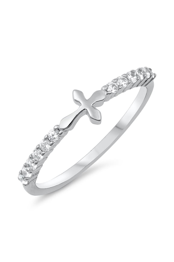 Clear Cubic Zirconia Little Cross Sideway Ring Sterling Silver Size 7