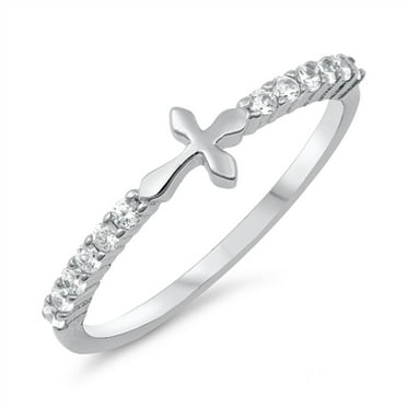 Clear Cubic Zirconia Little Cross Sideway Ring Sterling Silver Size 9