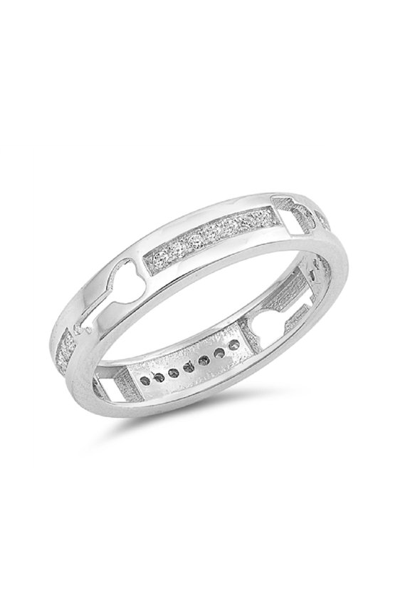 Clear Cubic Zirconia Lock And Key Band Ring Sterling Silver
