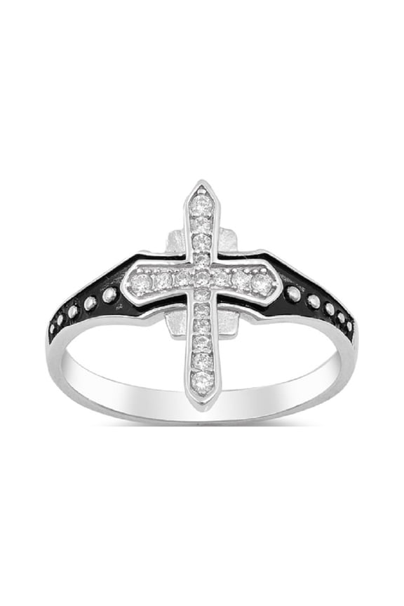 Clear Cubic Zirconia Medieval Cross With Beads Design Ring Sterling Silver