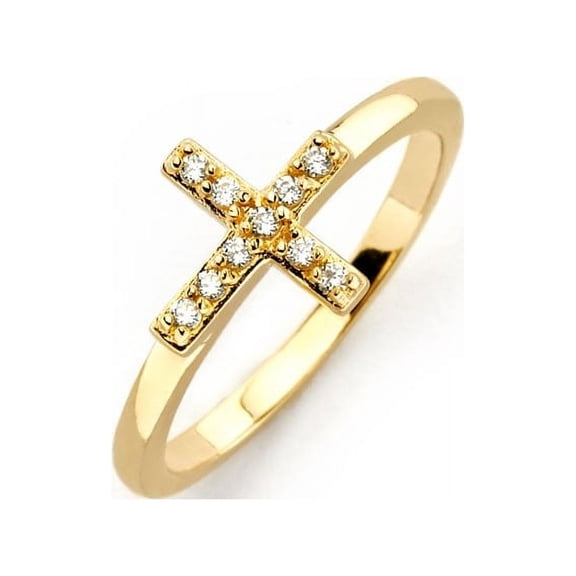 Clear Cubic Zirconia Mini Cross Ring Yellow Gold-Tone Plated Sterling Silver Size 5