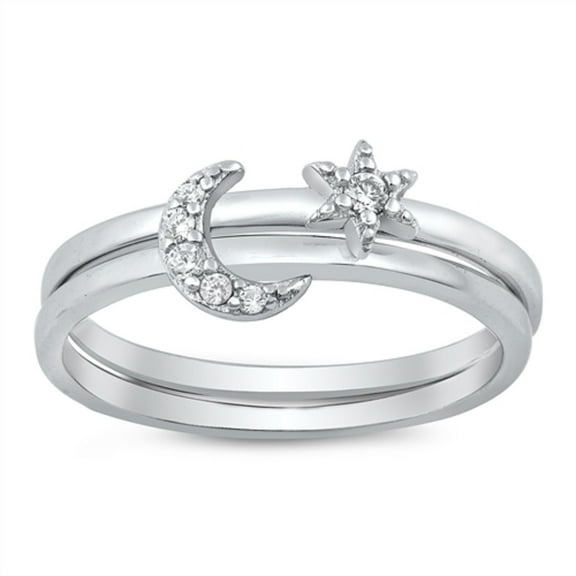 Clear Cubic Zirconia Moon And Star Double Band Ring Sterling Silver Size 8
