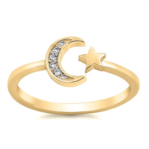 Clear Cubic Zirconia Moon And Star Ring Yellow Gold-Tone Plated Sterling Silver