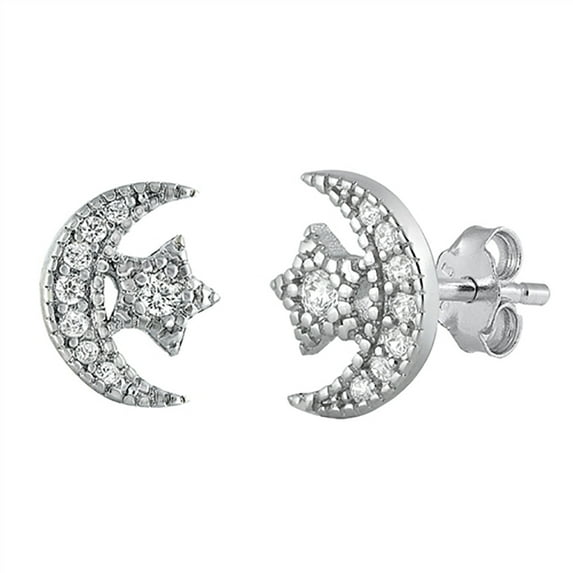 Clear Cubic Zirconia Moon And Star Stud Earrings Sterling Silver