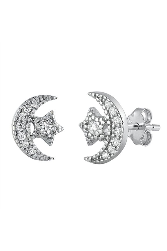 Clear Cubic Zirconia Moon And Star Stud Earrings Sterling Silver