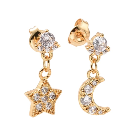 Clear Cubic Zirconia Moon & Star Dangle Stud Earrings Rack Plating Brass Asymmetrical Earrings for Women Cadmium Free & Lead Free Real 18K golden Plated 17mm Pin: 0.7mm