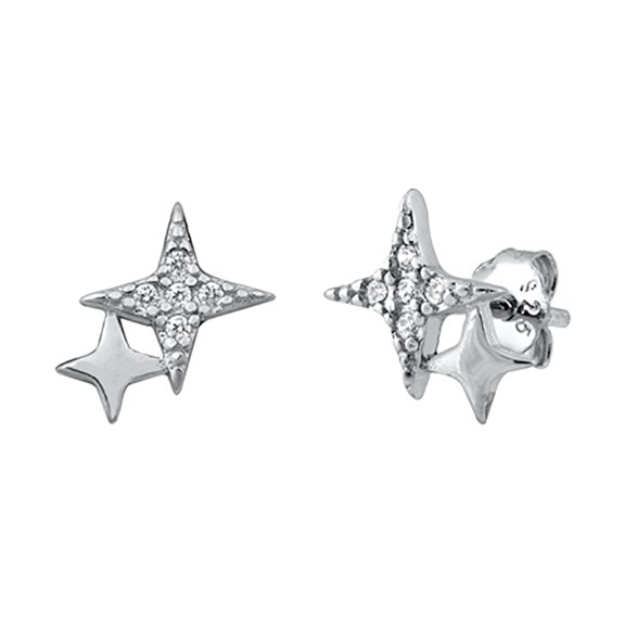 Clear Cubic Zirconia Mother Daughter Star Stud Earrings Sterling Silver