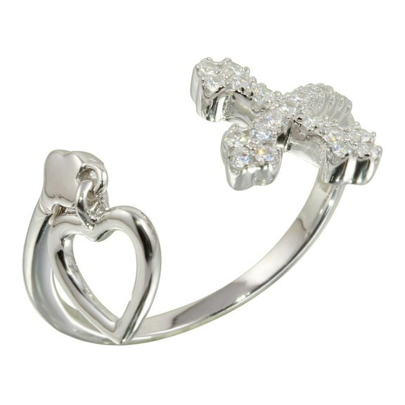 Clear Cubic Zirconia Open Cross and Dangling Heart Ring Rhodium Plated Sterling Silver Size 9