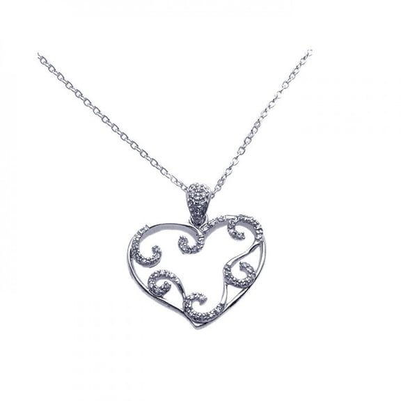 Clear Cubic Zirconia Open Heart Filigree Necklace Rhodium Plated Sterling Silver