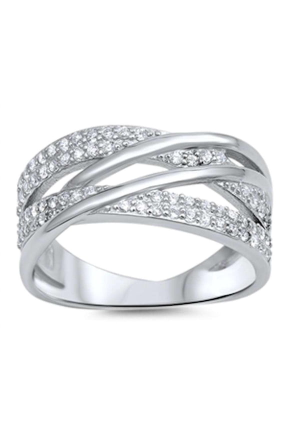 Clear Cubic Zirconia Overlap Band Ring Sterling Silver Size 8