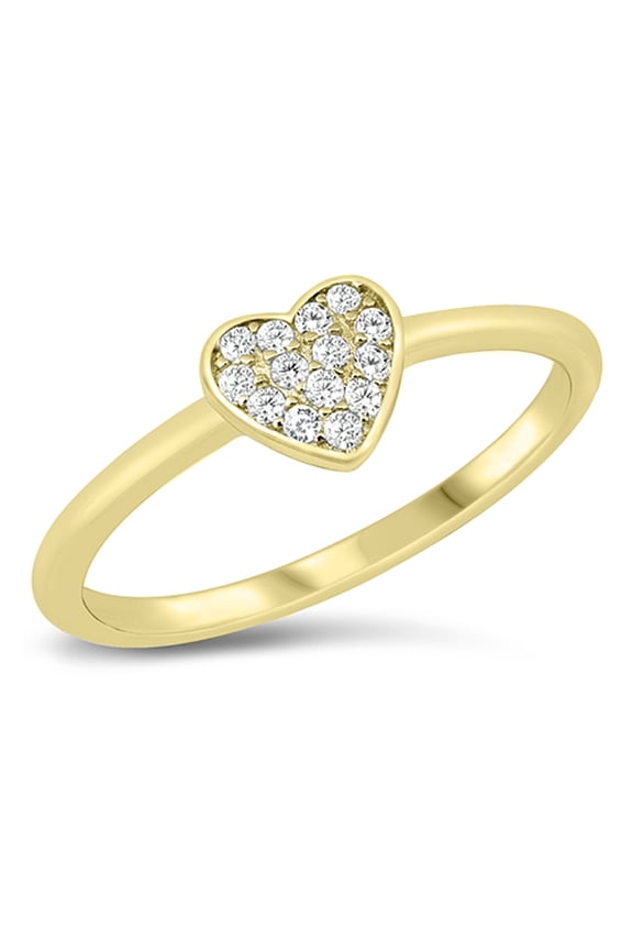Clear Cubic Zirconia Pave Set Solitaire Heart Ring Yellow Gold-Tone Sterling Silver Size 10