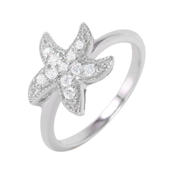 Clear Cubic Zirconia Pave Starfish Design Ring Rhodium Plated Sterling Silver Size 5