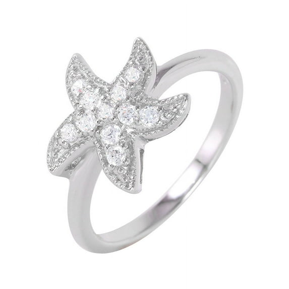 Clear Cubic Zirconia Pave Starfish Design Ring Rhodium Plated Sterling Silver Size 6