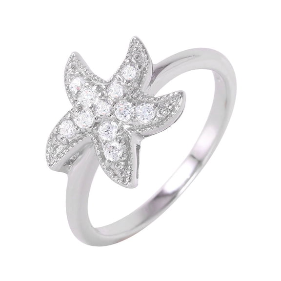 Clear Cubic Zirconia Pave Starfish Design Ring Rhodium Plated Sterling Silver Size 6