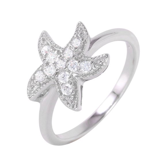 Clear Cubic Zirconia Pave Starfish Design Ring Rhodium Plated Sterling Silver Size 8
