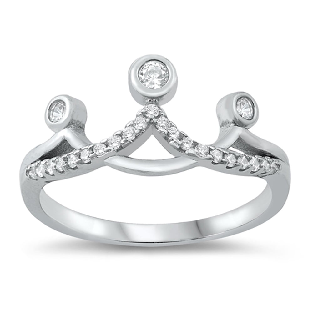 Clear Cubic Zirconia Princess Crown Ring .925 Sterling Silver Band ...