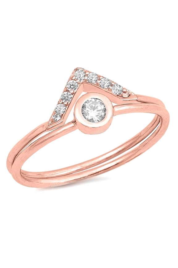 Clear Cubic Zirconia Pyramid Design Set Of 2 Ring Rose Gold-Tone Plated Sterling Silver