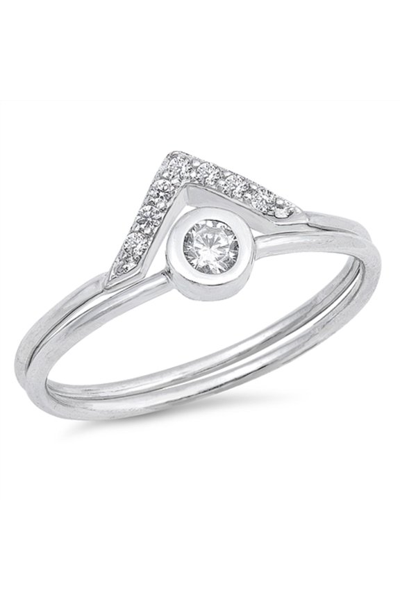 Clear Cubic Zirconia Pyramid Design Set Of 2 Ring Sterling Silver