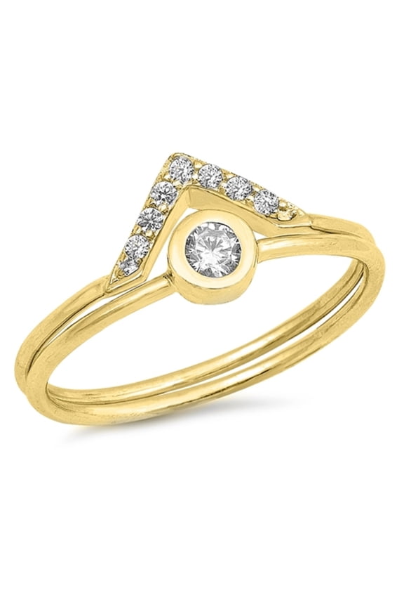 Clear Cubic Zirconia Pyramid Design Set Of 2 Ring Yellow Gold-Tone Plated Sterling Silver